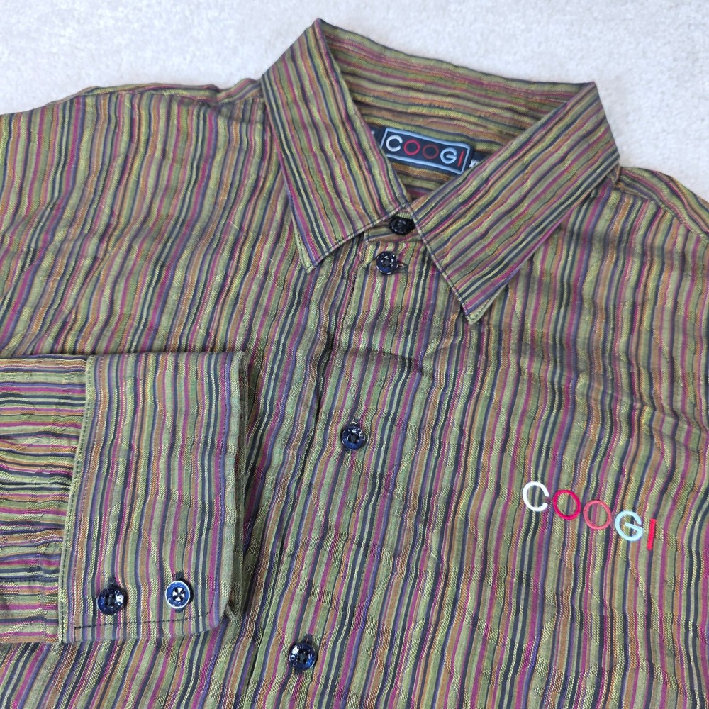 Coogi Button Down Shirt Mens XL Multi Color Stripe Textured 3D Weave Long Sleeve